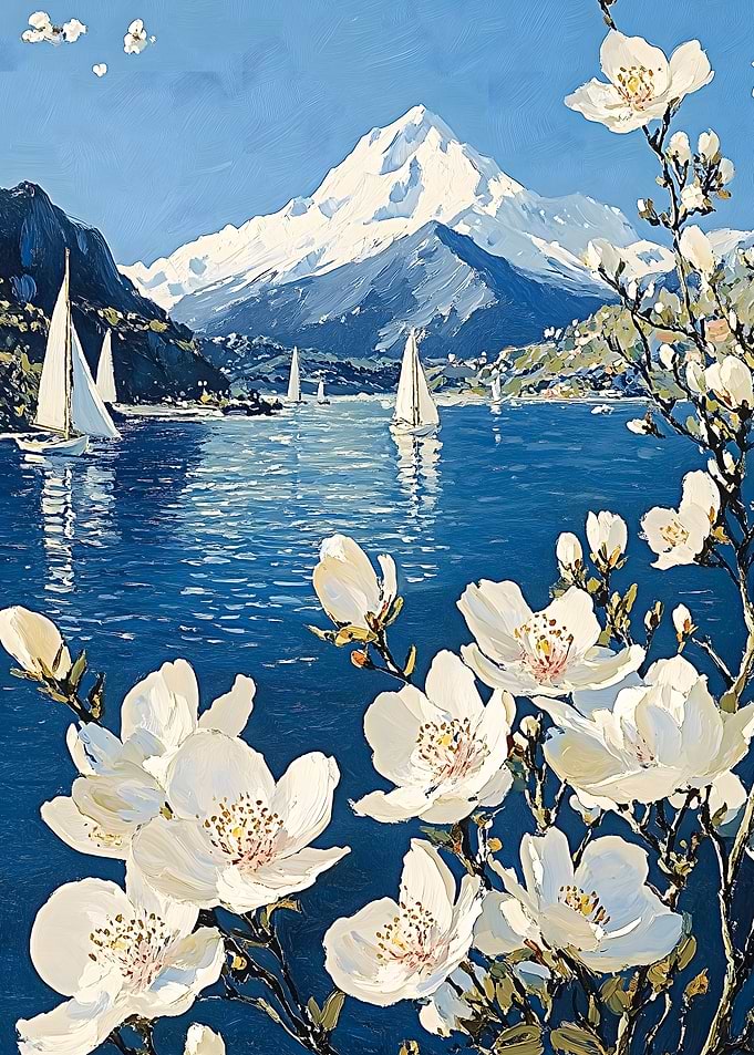 Mountain Lake with Sailboats Japanese Landscape