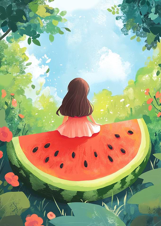 A Girl Sitting on A Watermelon Slice