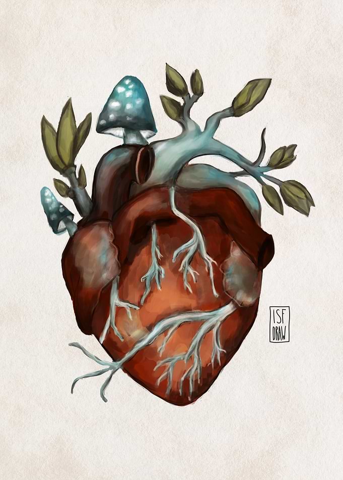 Anatomical Heart with Roots and Mushrooms