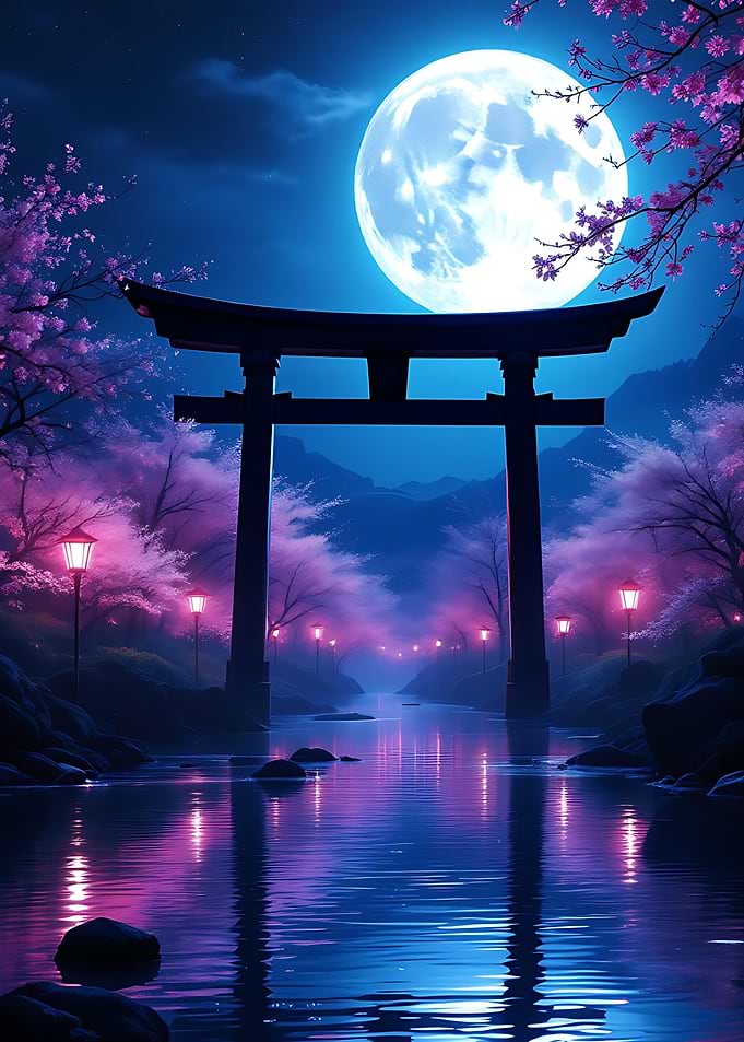 Mystical Torii Gate Under a Full Moon