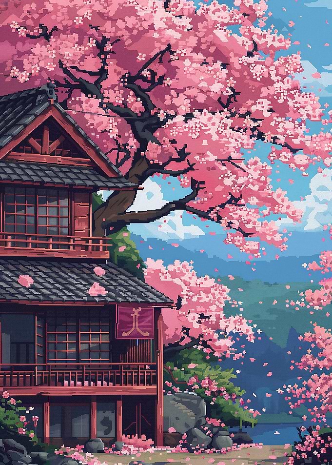Japanese House in Cherry Blossoms