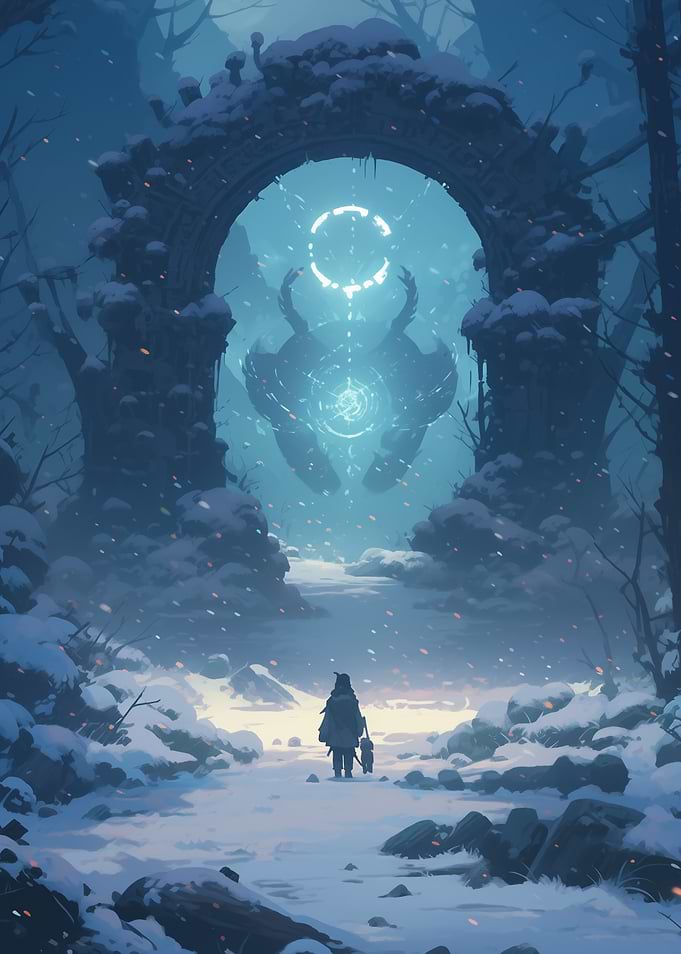 Mysterious Portal in Snowy Forest