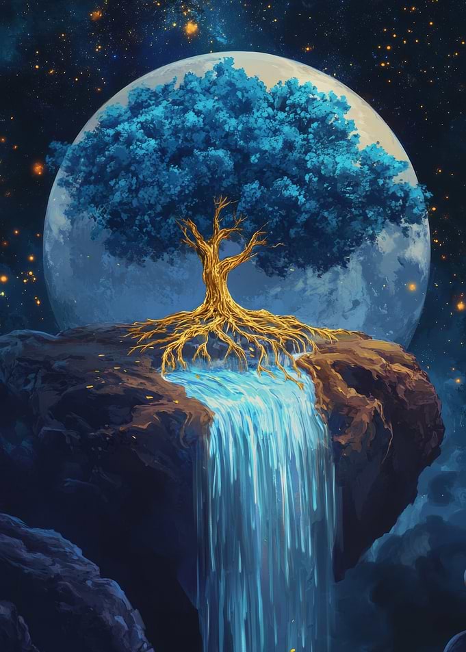 Vibrant Blue Golden Tree Waterfall