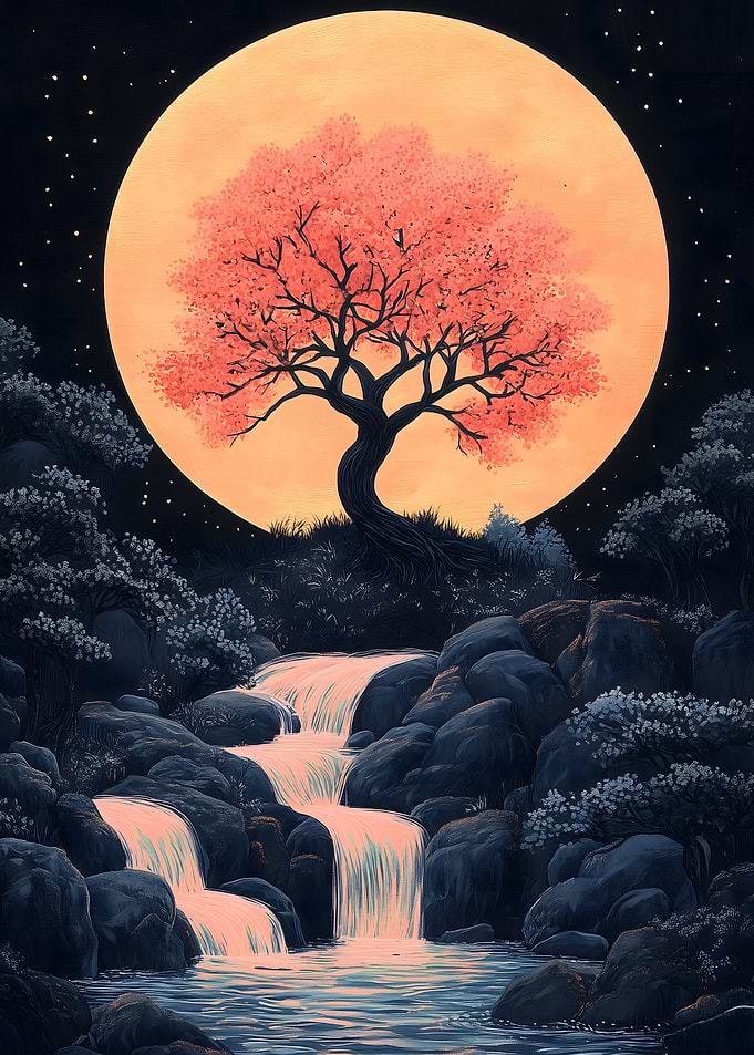Moonlit Waterfall Japanese Landscape