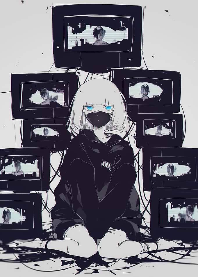 Anime Girl Surrounded by TVs