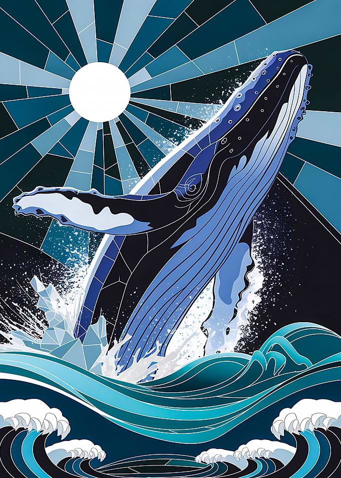 Whale Leaping from Waves Stained Glass