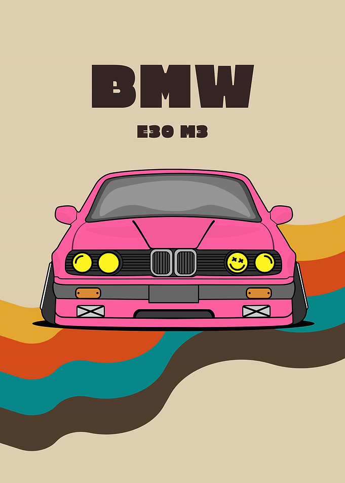 Pink BMW E30 M3 Retro Art