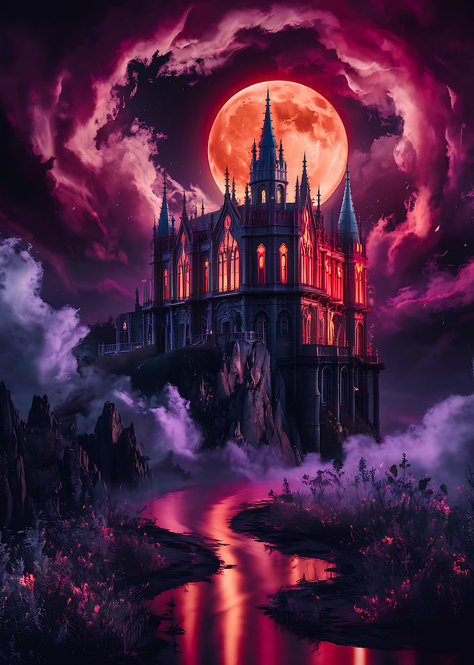 Gothic Castle Under Blood Moon