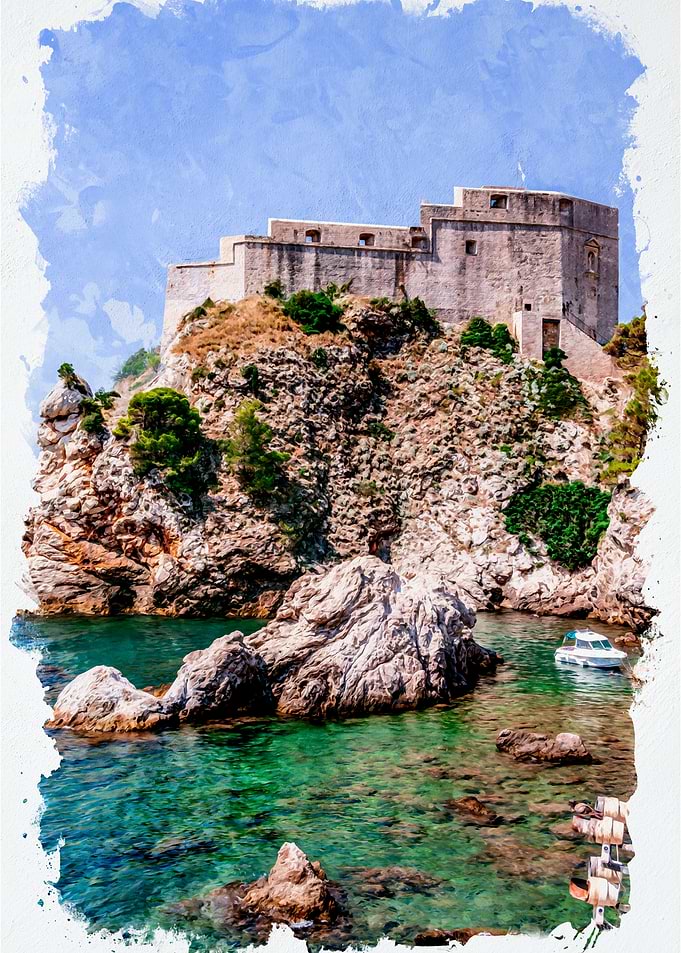 Coastal Fortress Watercolor Dubrovnik