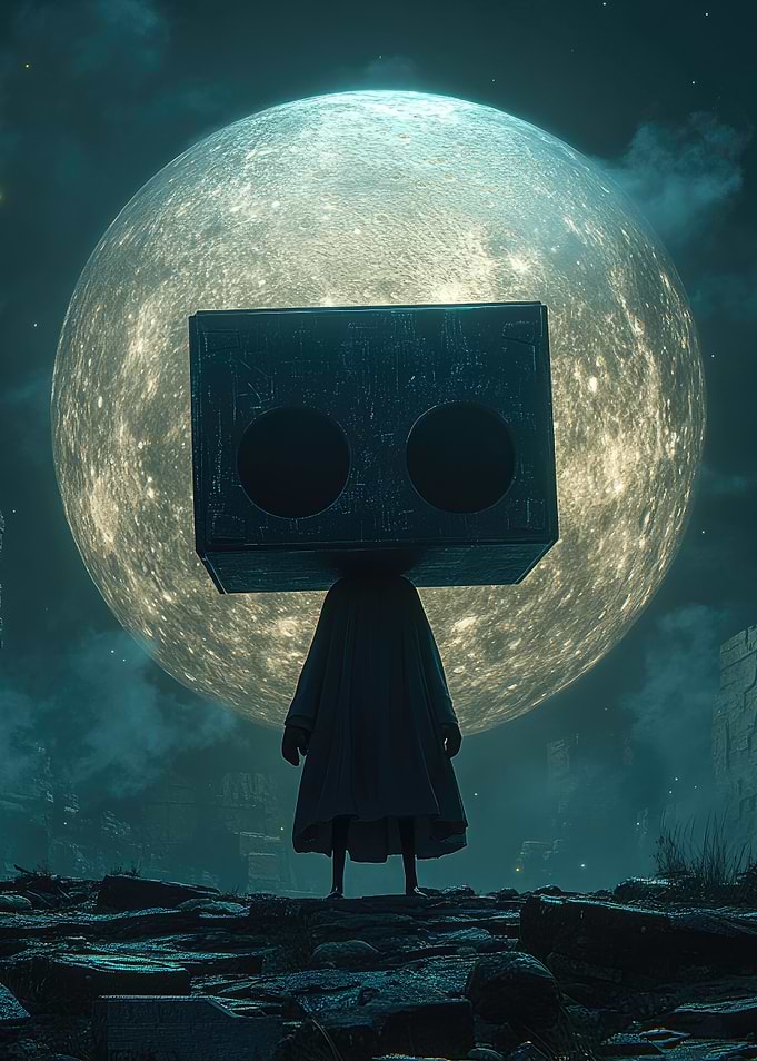 Box Head Figure Under Moon
