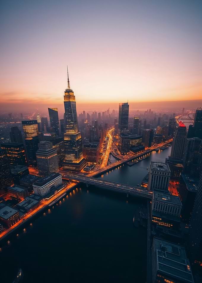 Busy Downtown Cityscape at Dusk