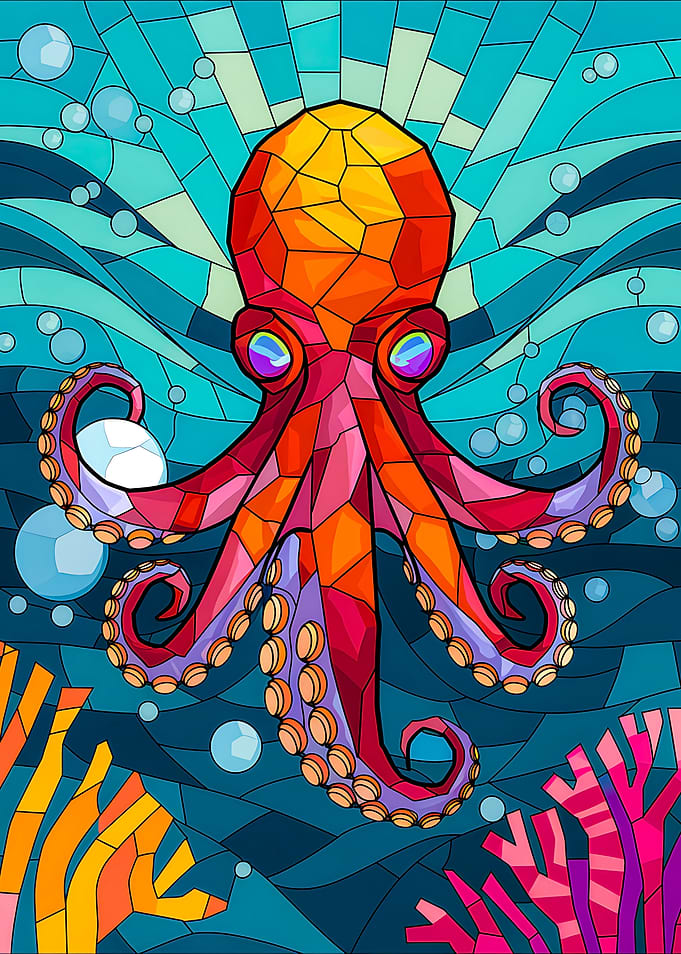 Radiant Stained Glass Octopus in Deep Blue Sea