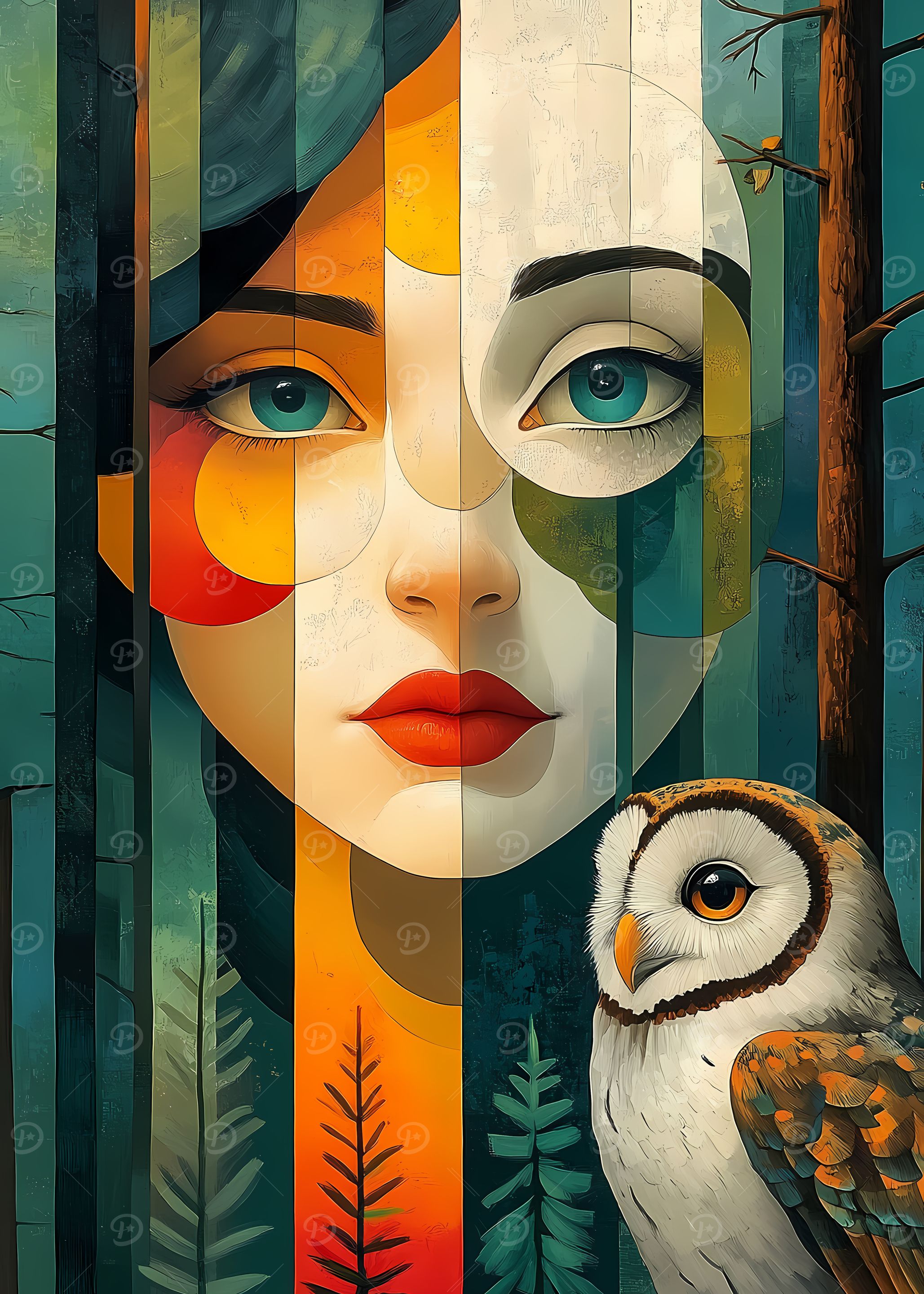 Woman and Owl in Forest