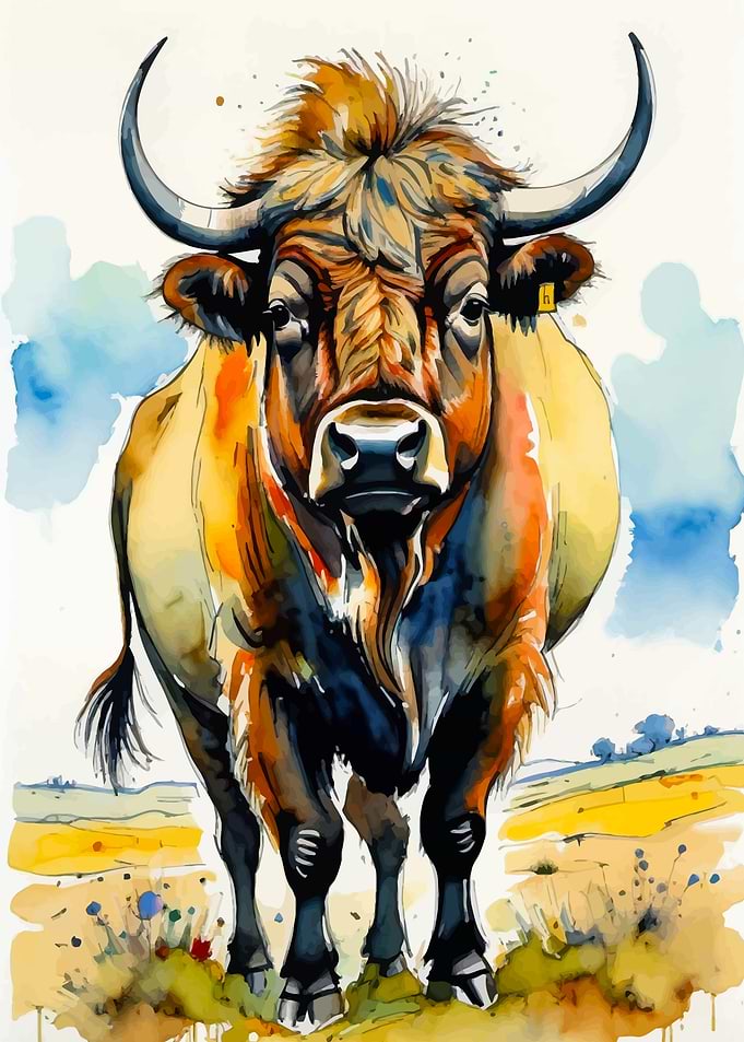 Watercolor Highland Cow Portrait