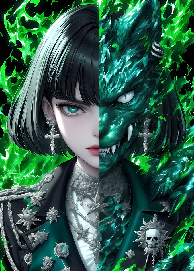 Green Flame Transformation Anime Girl Waifu Gaming