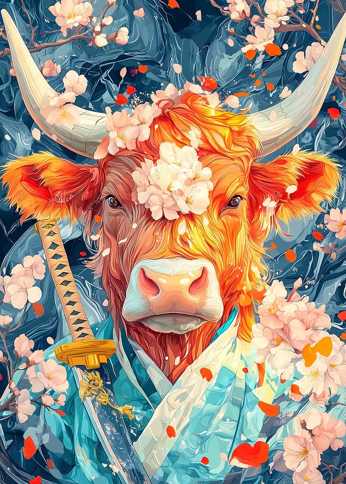 Samurai Cow with Cherry Blossoms Animal
