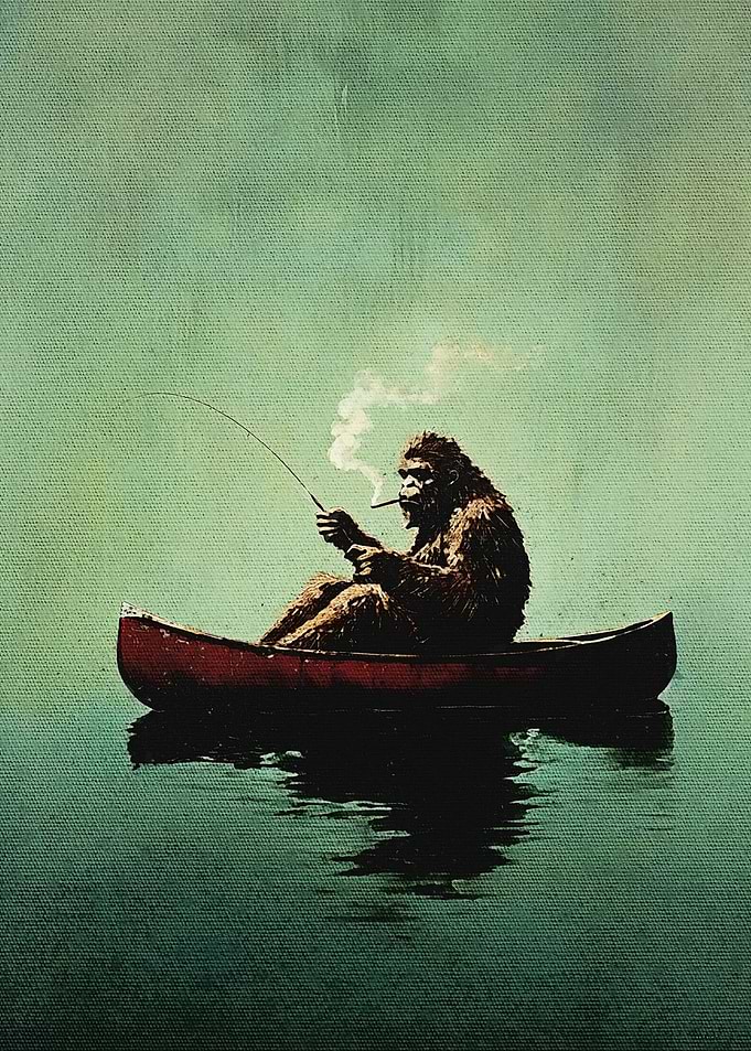 Bigfoot on a Red Canoe Fishing Retro