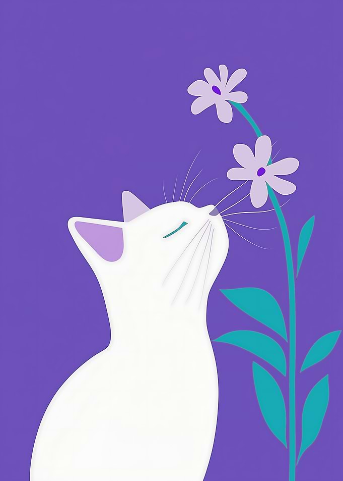 Cat Sniffing Flowers