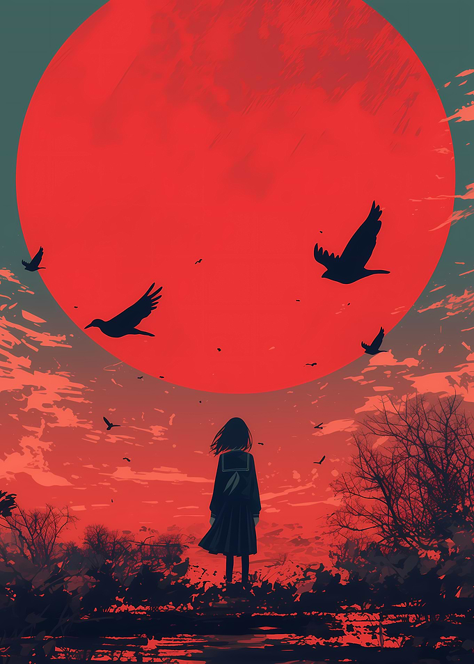 Silhouette Girl Under Red Moon