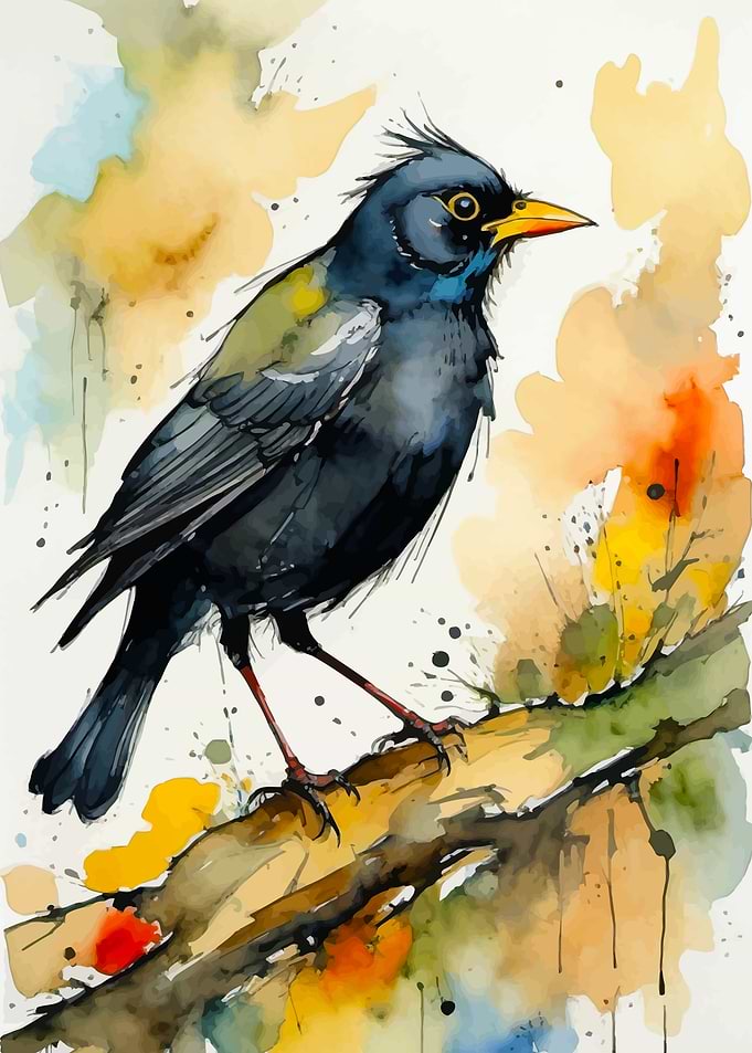 Watercolor Eurasian Blackbird on Branch