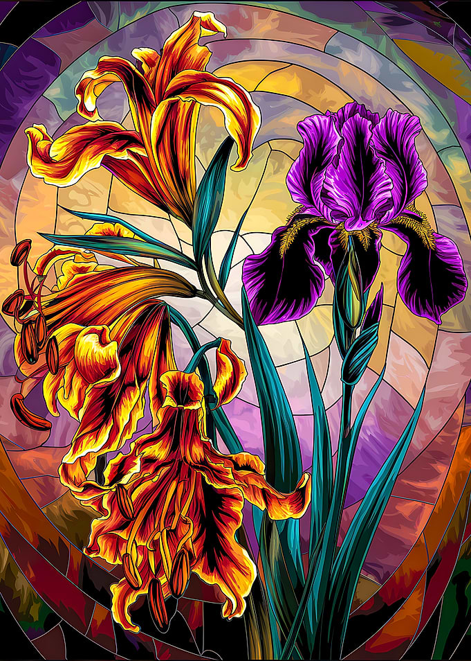 Vibrant Tiger lily and Phoenix Iris Stained Glass