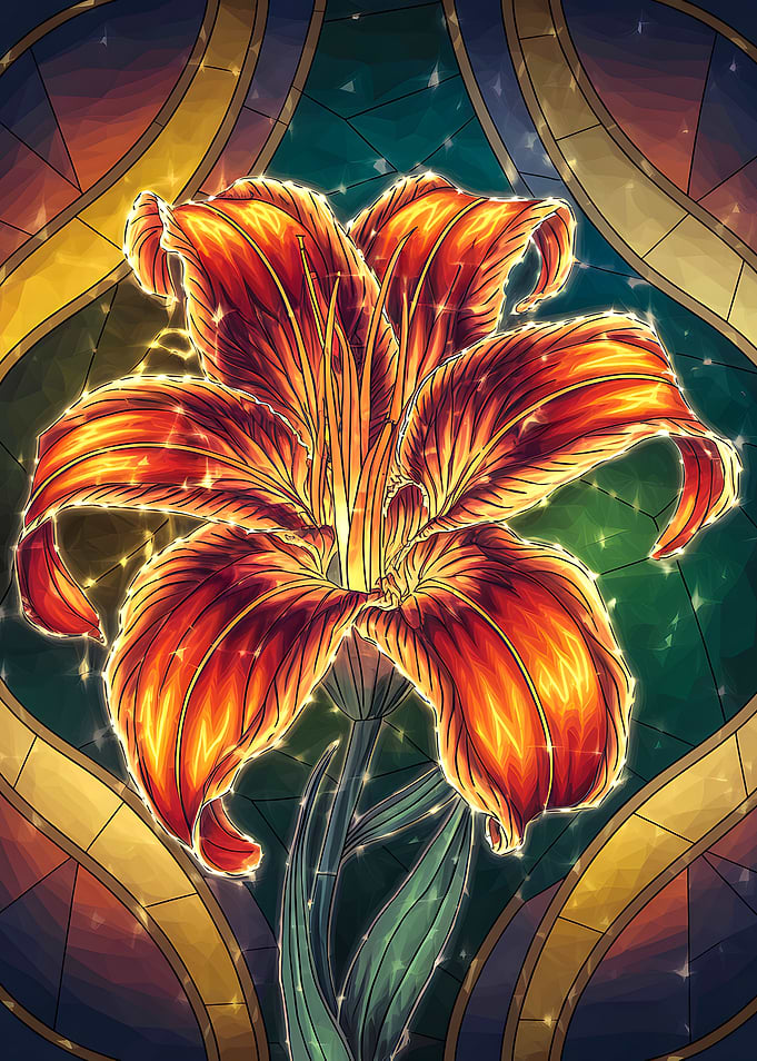 Glowing Tiger Lily in Stained Glass