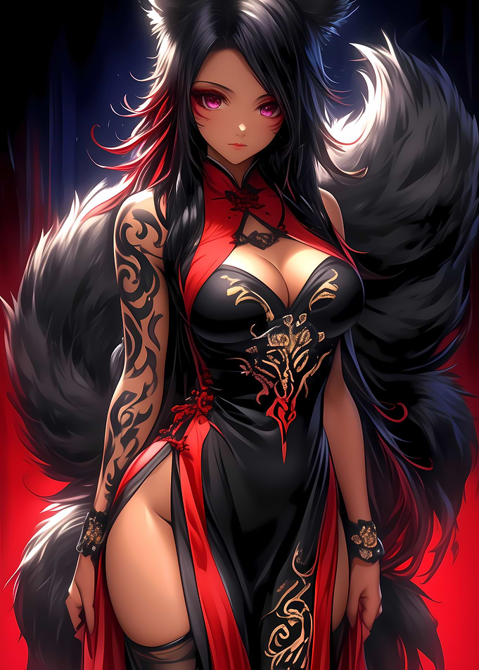 Anime Fox Girl in Red Dress