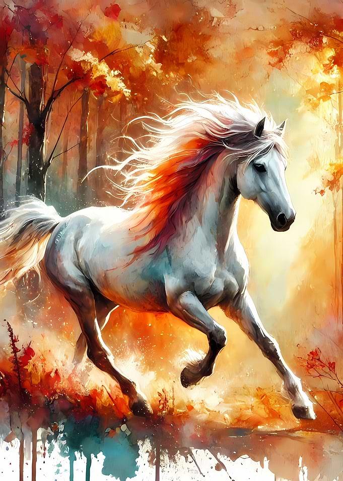 White Horse in Autumn Forest