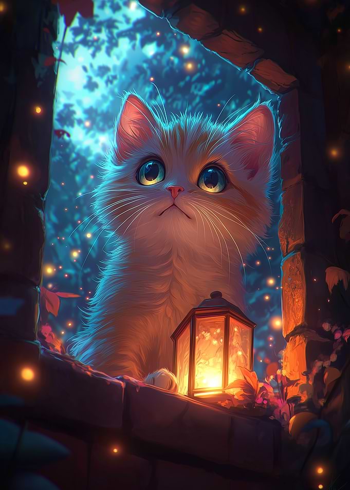 Curious anime Kitten with Lantern