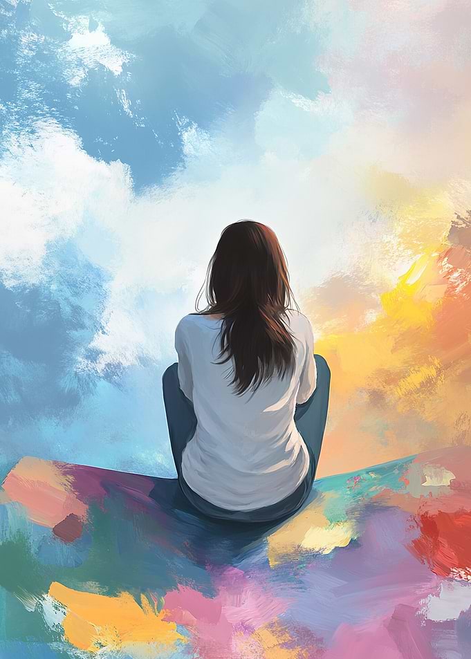 Woman Sitting on a colorful canvas