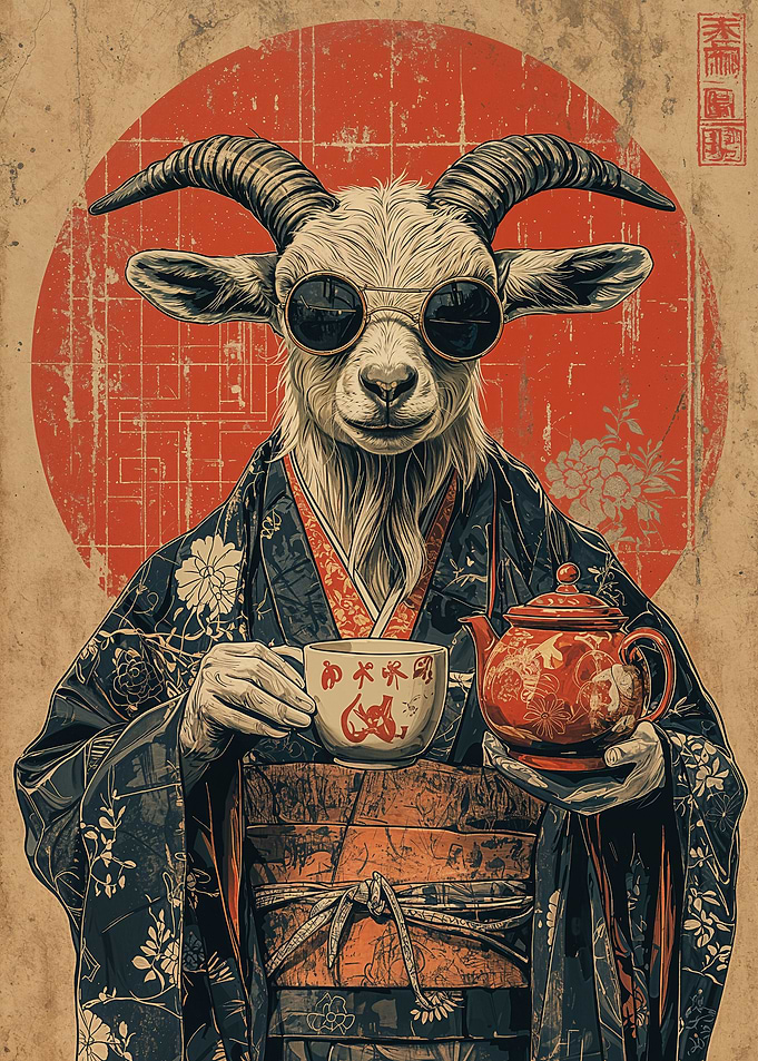 Goat in Kimono with Tea