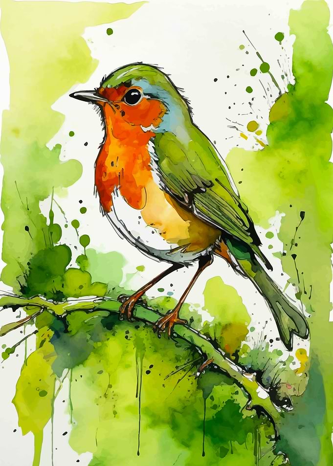 Watercolor Robin on Branch