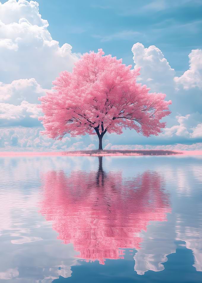 Cherry Tree Reflection On Water