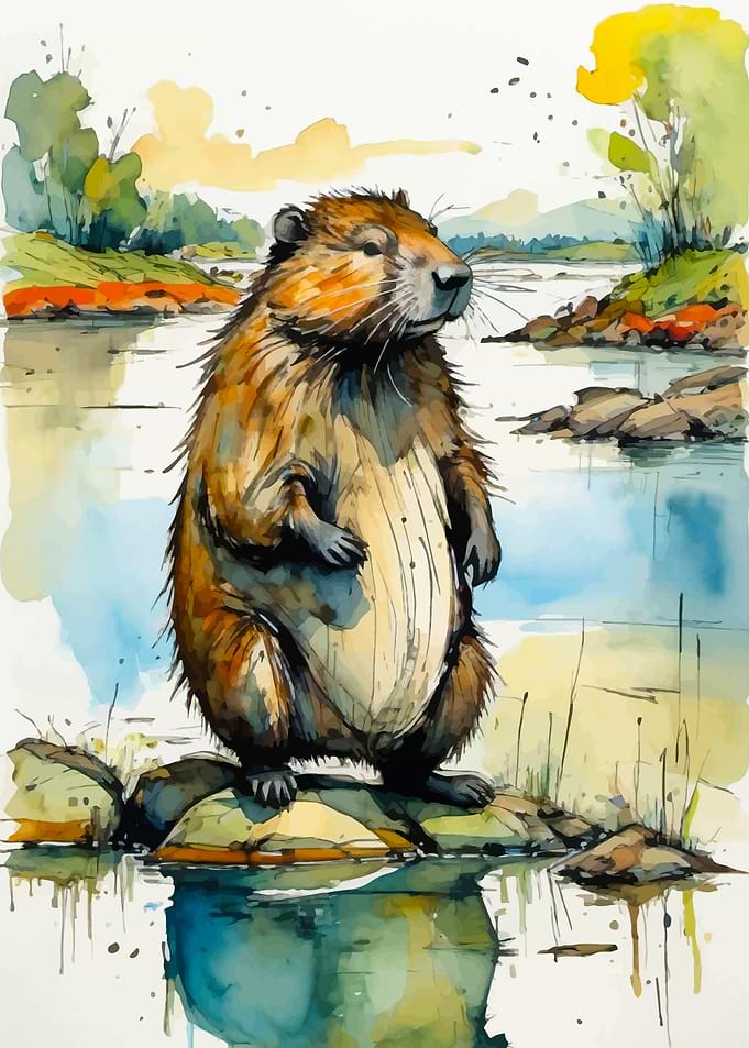 Watercolor Beaver by the River