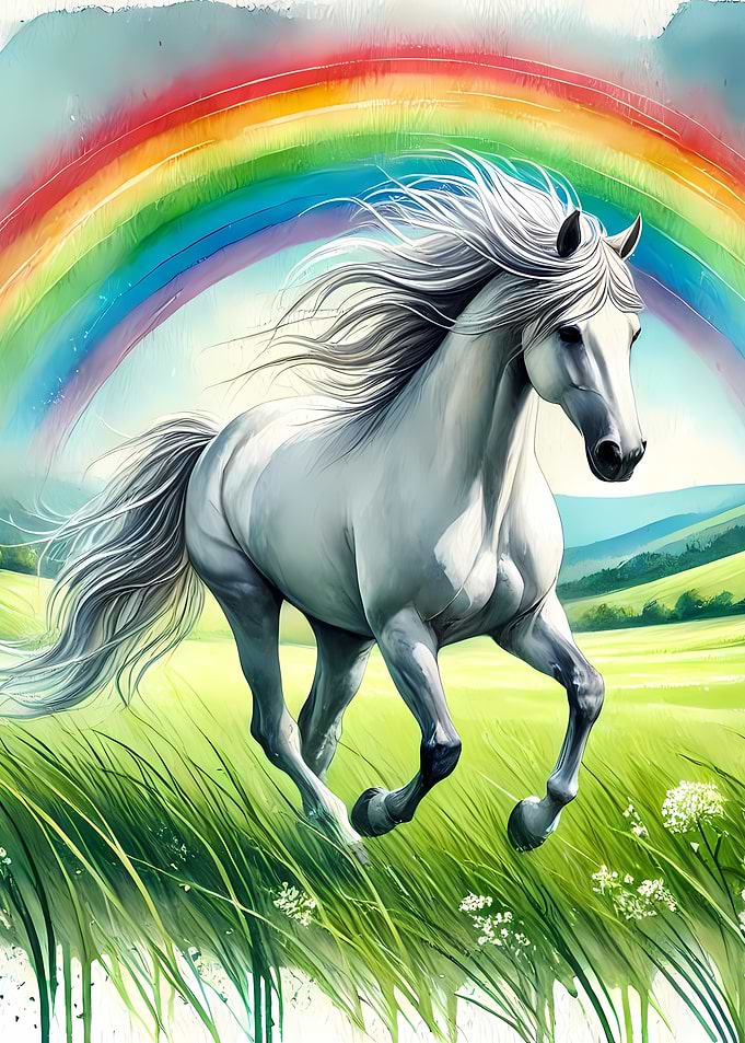 White Horse Running Through Rainbow