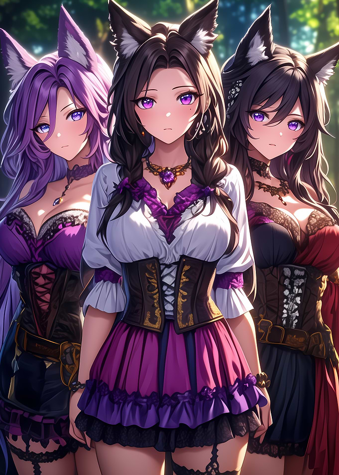 Three Anime Girls with Cat Ears