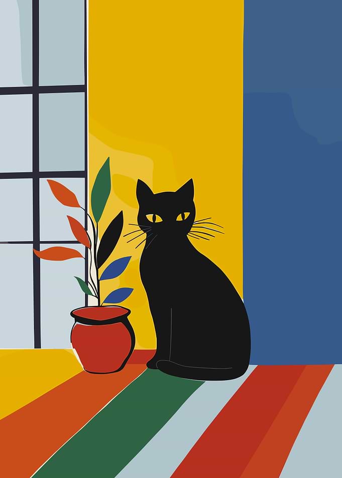 Black Cat with Plant