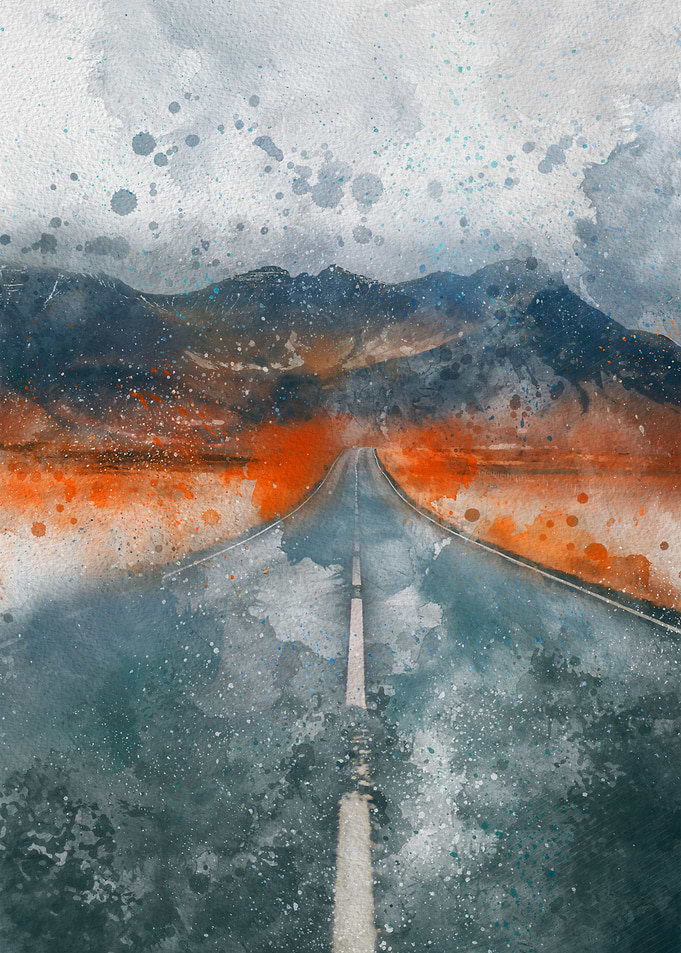 Road Through Mountains landscape scenery watercolor painting