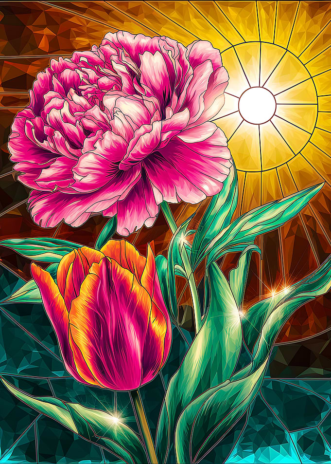 Elegant Peony and Tulip Artwork with Sun