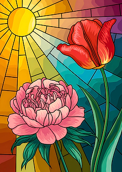 Vibrant Peony and Tulip Mosaic with Sun