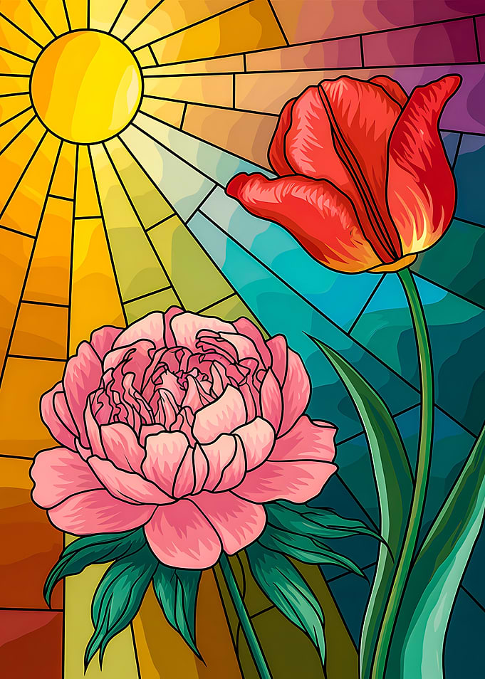 Vibrant Peony and Tulip Mosaic with Sun