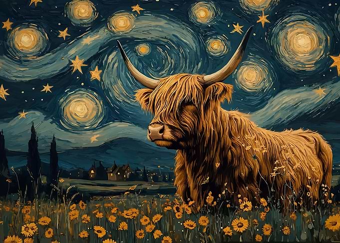 Highland Cow Starry Night