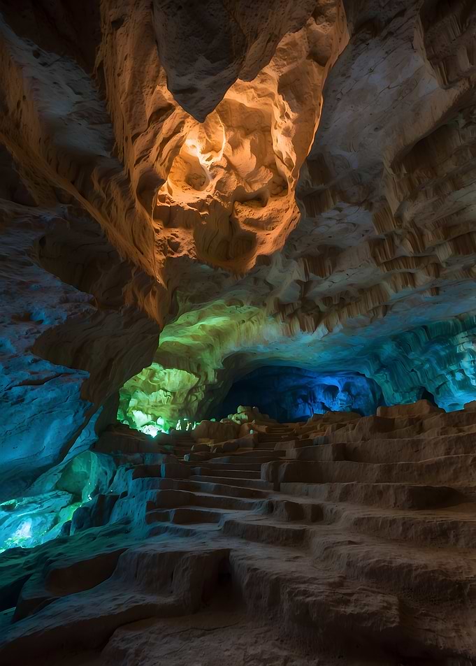 Stone Cave with Colorful Lights