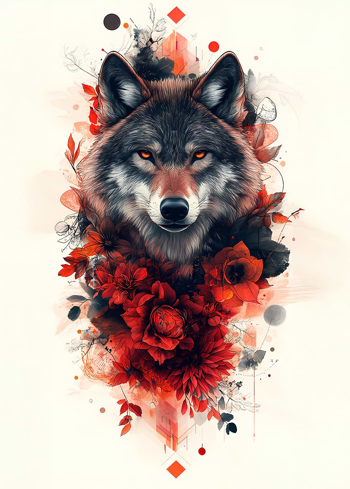 Wolf with Red Flowers