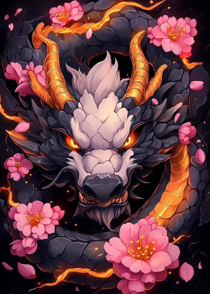 Black Dragon with Cherry Blossoms