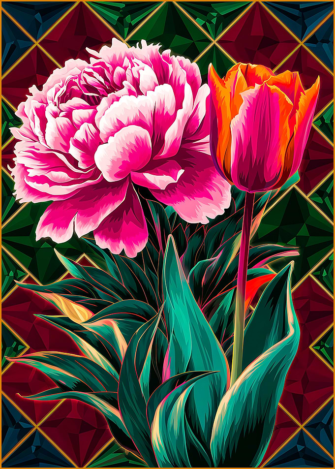 Peony and Tulip in Radiant Stained Glass