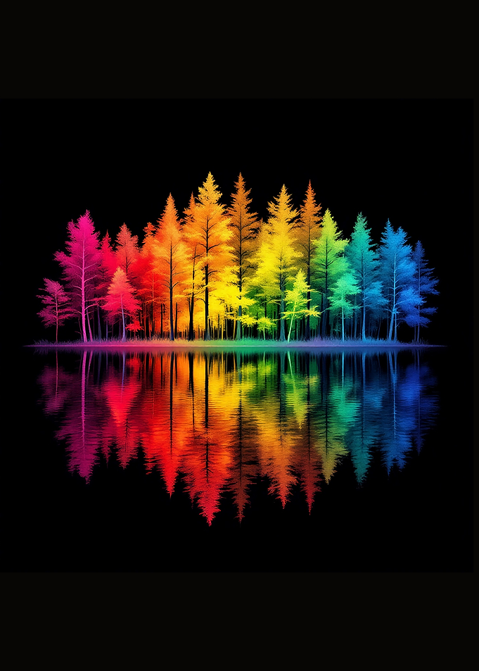 colorful pink, yellow, green and blue Forest pine trees Reflection