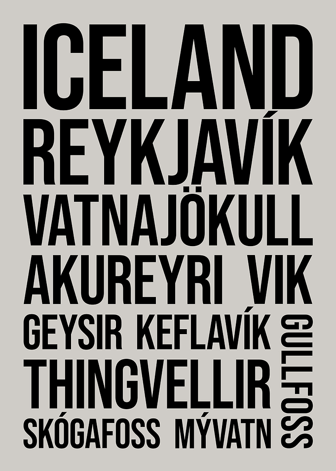 Iceland Locations and Cities Typography Word Art