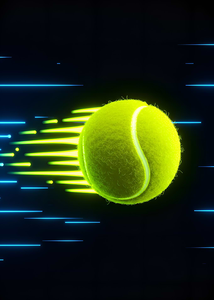 A vibrant neon poster of a tennis ball, glowing in bright yellow and green hues, with a trail of light resembling motion