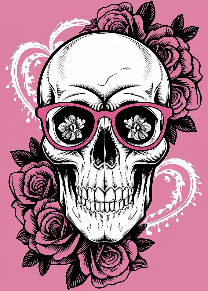 Skull with Pink Glasses and Roses